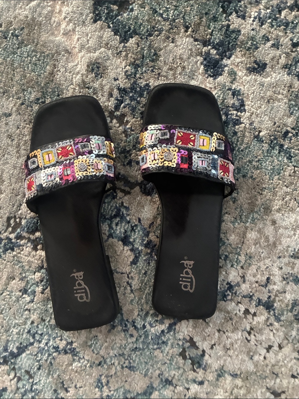 Diba Black Slide Sandals with Multicolor Sequin Band